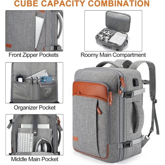 🆕Men Women Grey Polyester 40L Carry On Backpack Flight Approved With 3 Packing - Picture 5 of 8